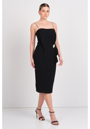 Explosion Kadın İp Asklı Beli Tokalı Midi Abiye Elbise 7818 Siyah Siyah