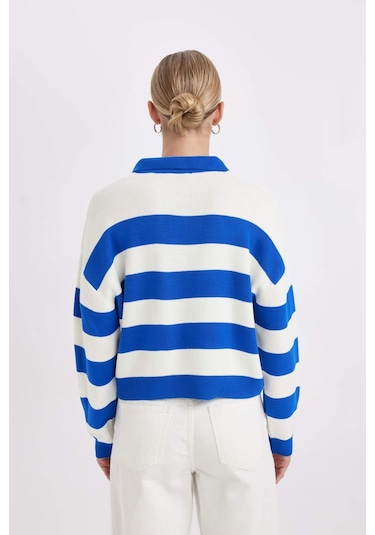 Defacto Regular Fit Polo Yaka Düğmeli Çizgili Triko Kazak A2357AX24WNBE64 Mavi Defacto Regular Fit Polo Yaka Düğmeli Çizgili Triko Kazak A2357AX24WNBE64 Mavi