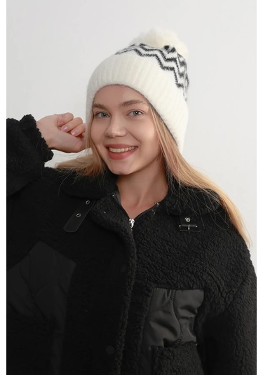 Zigzag Desenli Kadın Bere Rkş-19 Siyah Beyaz 4155630 Beyaz - Siyah