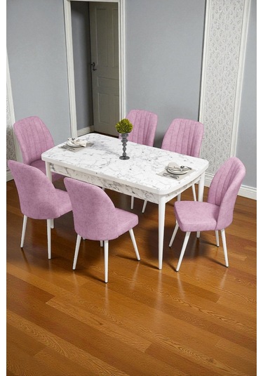 Bara Siyah Mermer 80x132 Açılabilir Sunta Masa Yemek Odası Takımı, Mutfak Takımı 6 Adet Sandalye Pembe