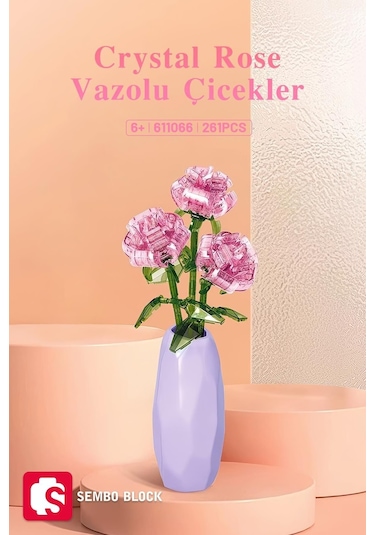 Crystal Rose Vazolu Dekoratif Güller 261 Parça Yapı Blokları ile Uyumlu 611066