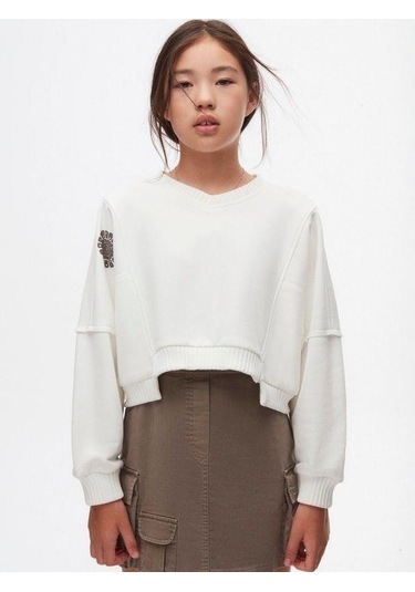 Kız Çocuk Pamuklu Triko Kumaş Karışımlı Sweathirt-14720 Ekru