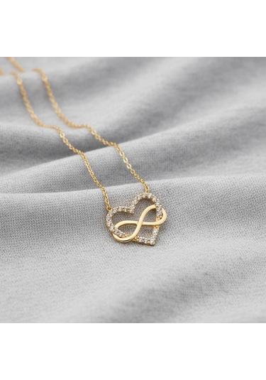 925 Ayar Gümüş Taşlı Sonsuzluk Ve Kalp Kolye Gold