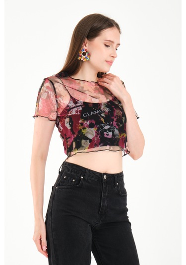 By Papi Baskılı Tül Crop Pembe