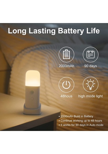 Neevoyu Usb Şarjlı Akıllı İnsan Algılama Led Gece Lambası - 5 Seviye Parlaklık Ayarlı, 6m Algılama Mesafesi, 2000mah Pil, Sarı Işık, Duvar & Masa Üstü Kullanıma Uygun