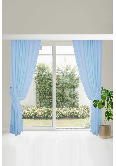 Fırfırlı Vintage Kadifemsi Dertsiz Pamuk Keten Perde En X Boy - Tek Kanat MAvi Mavi