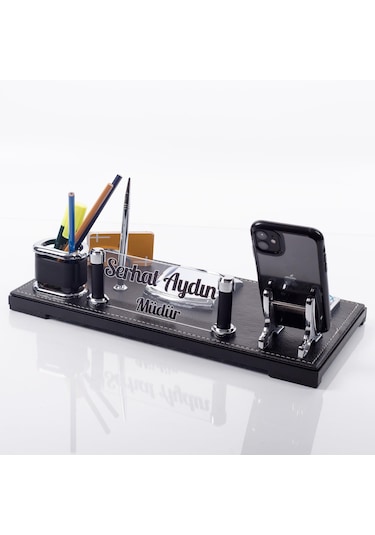 Madrid Ofis Masa İsimliği Siyah Deri Masaüstü İsimlik Seti