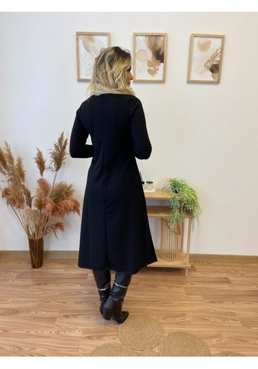 Nnstartshopping Kadın Uzun Kollu Balıkçı Yaka Omuzda Damla Detaylı Yırtmaçlı Krep Midi Elbise Siyah