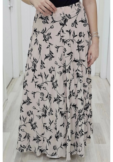 Bel Lastikli Flok Baskılı Kloş Şifon Etek 6003-siyah/pudra Siyah/pudra Siyah - Pudra