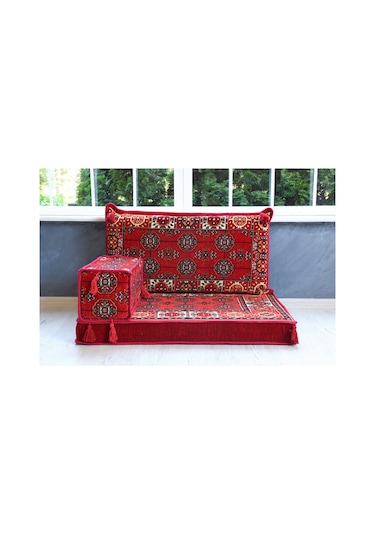 Şark Köşesi Takımı , 95 cm Yer Minderi Takımı (Sünger Dahil) Kırmızı Buhara Modeli (3 Parça)