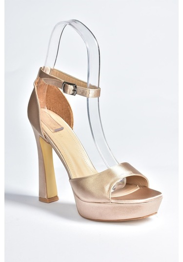 Fox Shoes Vizon Saten Kumaş Platform Kalın Topuklu Kadın Ayakkabı