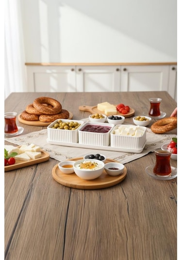 Atbyhome Valverdi - 3'lü 7 Parça Kahvaltılık Kahvaltı Seti Sunum Seti Beyaz
