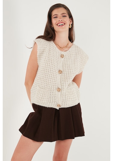 Lela Premium Oversize Fit Bisiklet Yaka Düğmeli Örgü Bayan Yelek 680Yl1416 Taş