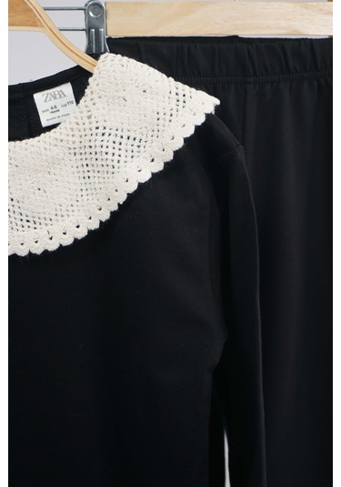 Kız Çocuk Okula Dönüş Yaka Dantel Modelli Pamuk Eşofman Takımı Siyah