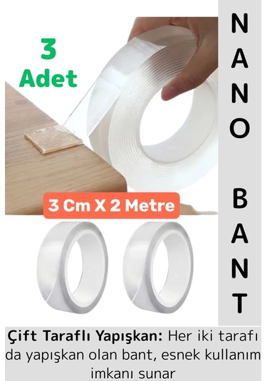Ultra Güçlü Esnek Kesilebilir Kolay Kullanım Estetik Çift Taraflı Nano Şeffaf Bant 3 Cmx2 Metre 3 Ad