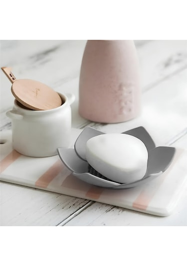 2 Adet Lotus Desenli Sabun Ve Sünger Tutacağı Silikon Gri Su Giderli Lotus Şık Katı Sabunk Diğer