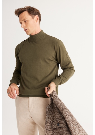 Erkek Bej Hakı 2'li Paket Standart Fit Normal Kesim Yarım Balıkçı Yaka Basic Triko Kazak Bej Hakı