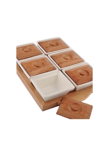 6'lı Seramik Gövdeli Ahşap Kapaklı Tepsi Beyaz Kahvaltı Takımı Beyaz