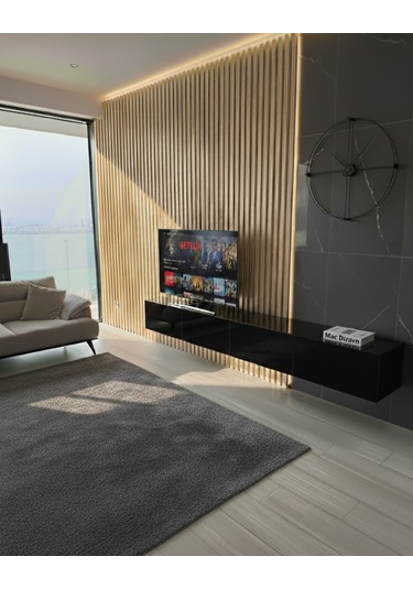 Mac Dizayn Milas Highgloss Parlak Siyah 240 Cm Modern Mdf Tv Ünitesi Şık Ve Geniş Tv Sehpası Parlak Siyah