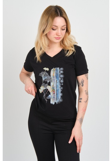 Sistas Kadın Baskı Desenli V Yaka Kısa Kollu Pamuklu Bluz 24100 Siyah Siyah