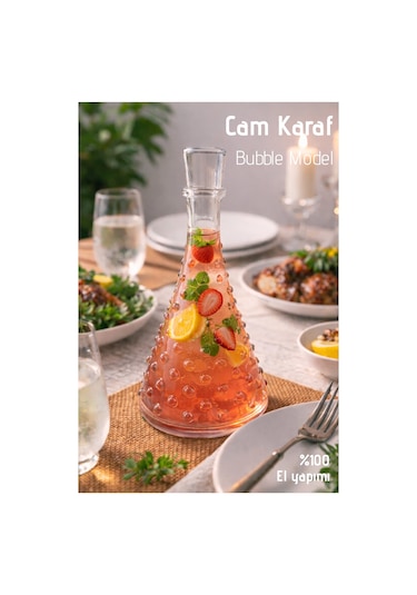 El Yapımı Cam, Bubble Model Kapaklı Sürahi - 1lt. Cam Sürahi