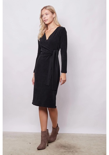 Kadın Hafif Likralı Triko Kruvaze Anvelop Bağcıklı Uzun Kol Diz Altı Uzun Elbise-siyah Siyah