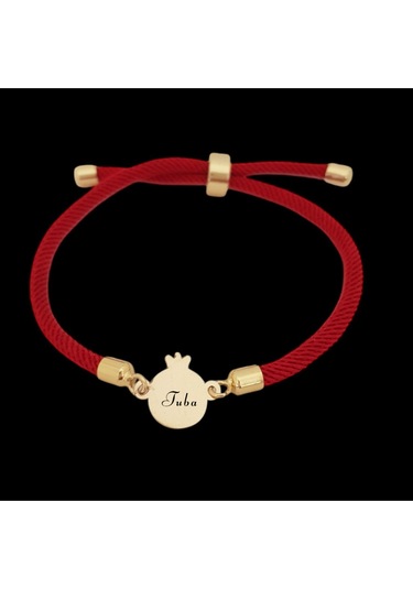 Tuba İsmine Özel 14 Ayar Altın Plakalı Nar Motifli İpek Örgülü Hediye Bileklik-323isim-kırmızı Altın