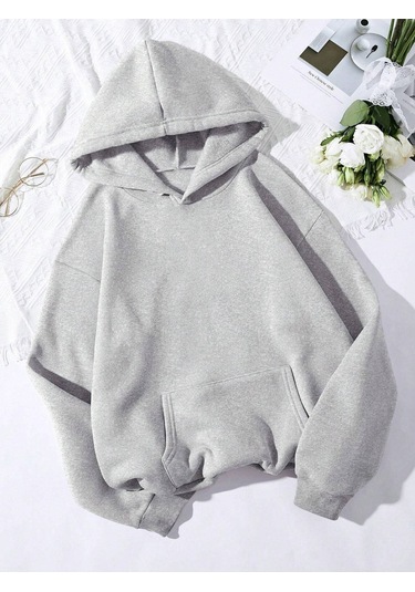 Düz Basic Sweatshirt - Gri Oversize Kapüşonlu Gri
