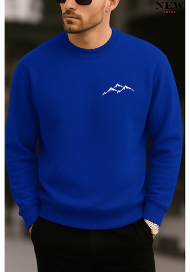 Dağ Baskılı Bisiklet Yaka Sweatshirt Saks Mavisi