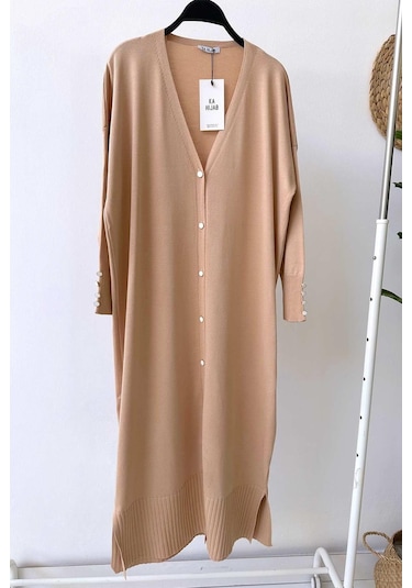 Kahijab Maxi Boy Düğmeli Merserize Hırka - Sütlü Kahve