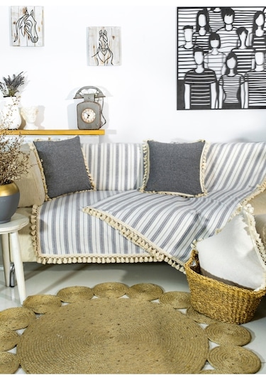 Dnc Home Tekstil Ndchome Gri Çizgili Otantik Keten Koltuk Örtüsü