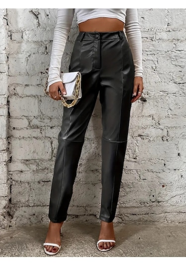 Modaserdem Kadın Yüksek Bel Önden Düğmeli Deri Pantolon Siyah