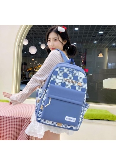 Novahub Dört Parçalı Sırt Çantası Seti Çizgi Film Renk Bloğu Kadın Sırt Çantası Ortaokul Öğrenci Okul Çantası Pembe Pembe