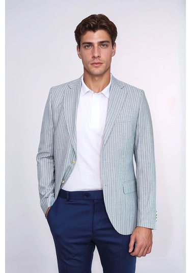 Açık Mavi Çizgili Keten Dokulu Gold Renk Metal Düğmeli Slim Fit Erkek Blazer Ceket Wessi Navy Blue
