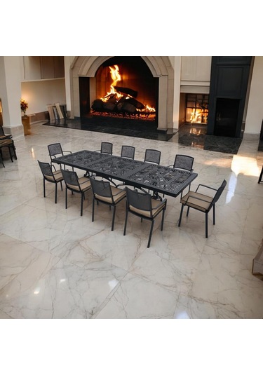 Queen 10 Kişilik Döküm Bahçe Masa Takımı Dayanıklı Dış Mekan Mobilyası Siyah