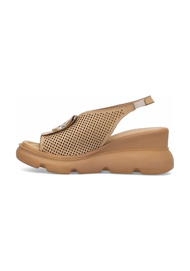 Elit Zeyn 8067 Kadın Hakiki Deri Dolgu Topuk Sandalet Camel Camel