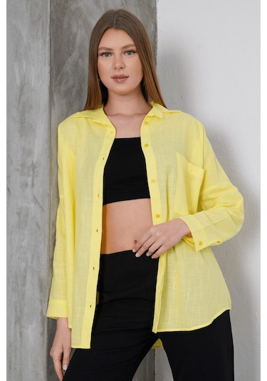 Paw Garage Kadın London Keten Tek Cepli Oversize Gömlek, Premium Kalite Keten Gömlek Sarı