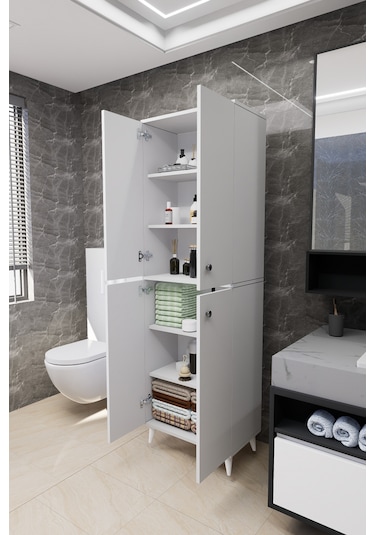 Furex 6 Raflı 2 Kapaklı Çok Amaçlı Banyo Dolabı Beyaz Beyaz