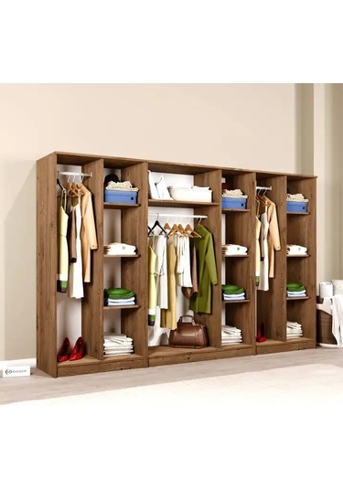 Kardelen Serisi Atlantik Çam 7 Kapaklı 13 Raflı 280 Cm Elbise Dolabı - Gardırop Seti Atlantik Çam