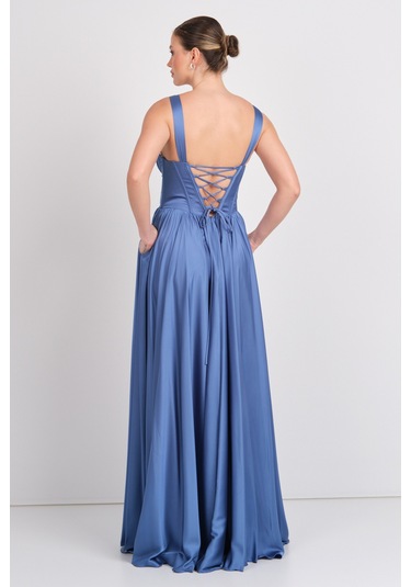 Doridorca Kadın Derin V Yaka Sırttan Bağlamalı Maxi Abiye Elbise 7091 Indigo İndigo