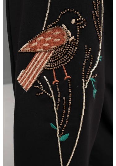 Kapüşonlu Fermuarlı Boncuk Nakışlı Takım Siyah