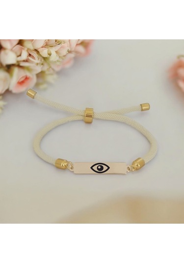 Archin Göz Temalı Beyaz Örgülü 14 Ayar Altın Plakalı Dikdörtgen Figürlü Hediye Bileklik-413sembol Göz