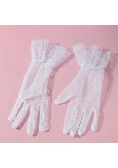 Güpürlü Tüllü Puantiyeli Şeffaf Parti Kostüm Kına Düğün & Gelin Eldiveni Beyaz Çok Renkli