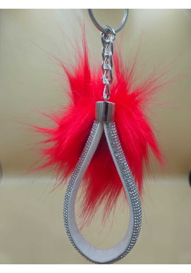 Gümüş Taşlı Tilki Tüyü Kırmızı Angel Anahtarlık