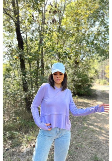 Kadın Lila Elleri Eldiven Detaylı, Asimetrik Kesim, Bisiklet Yaka, Eteği Pliseli, Salaş Spor Bluz LILA