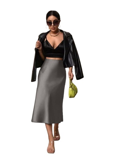 Kadın Saten Kalça Balık Etek Koyu Gri