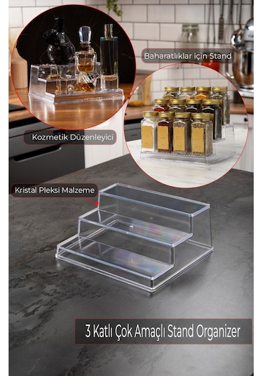 Mienda Home Şeffaf Pleksi Akrilik Merdiven Stand Baharatlık Standı Kozmetik Standı Organizeri Şeffaf