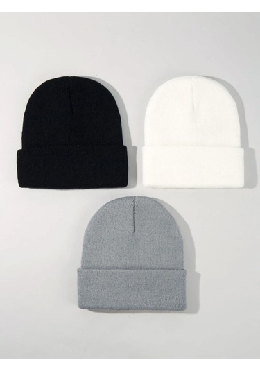 Eke Tekstil Unisex Katlamalı 3'lü Bere Seti Beyaz - Gri - Siyah