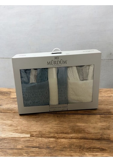 Banyo Çeyiz Seti, %100 Pamuk Bornoz Takımı, 8 Parça Aile Bornoz Seti, Havlu & Havlu Seti Mavi-krem Mavi