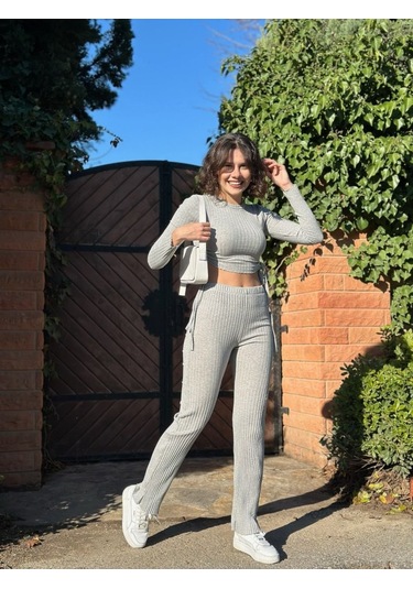 Sensuelle Kadın Yandan Bağlamalı Geniş Paçalı Fitil Kaşkorse İkili Takım Gri